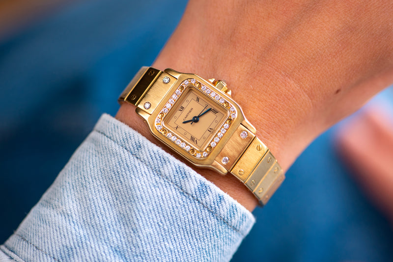 1980s Cartier Santos 18k Yellow Gold Diamond-Set bezel Gold Dial 0901