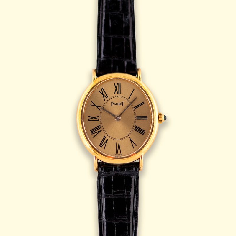 1980s Piaget Lady "Ovale" 18k Yellow Gold Roman Gold Dial 9822